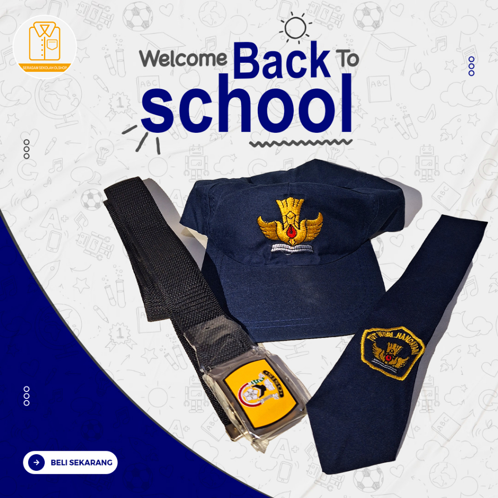 topi biru biru smp, ikat pinggang smp dan dasi smp