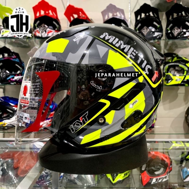 Helm Half Face KYT Galaxy Flat R Motif Double Visor #4 Mimetic Black Yellow Fluo | KYT Galaxy Flat R
