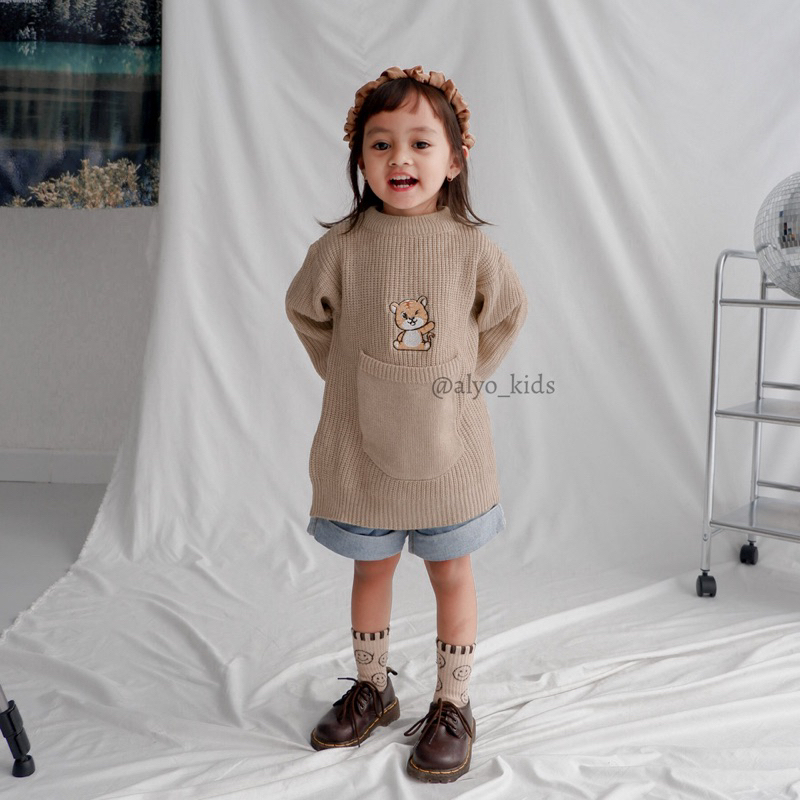 JENNY POCKET SWEATER KNIT OVERSIZE / Sweater Rajut Anak / Sweater Saku Anak