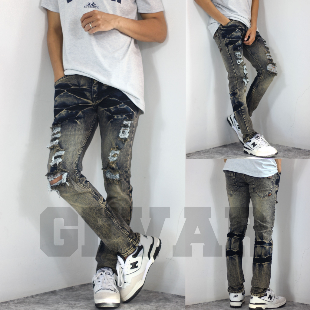 CELANA JEANS DENIM RINGKEL GEVAR RIPPED/CELANA JEANS PANJANG PRIA/CELANA SKINY COWOK