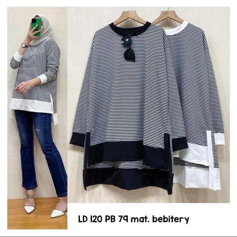 Michelle Tunik cewek bahan Babyterry import fit to XXXL motif garis garis cantik salur hitam putih k