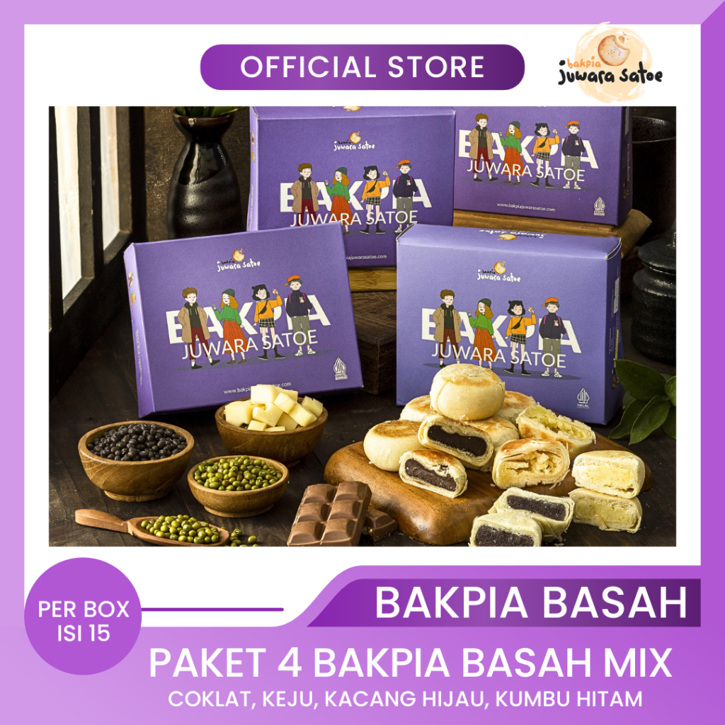 

BAKPIA JUWARA SATOE [ 4 Box ] Paket Bakpia Basah Mix Varian (Coklat, Keju, Original, Kumbu) - Oleh Oleh Khas Jogja