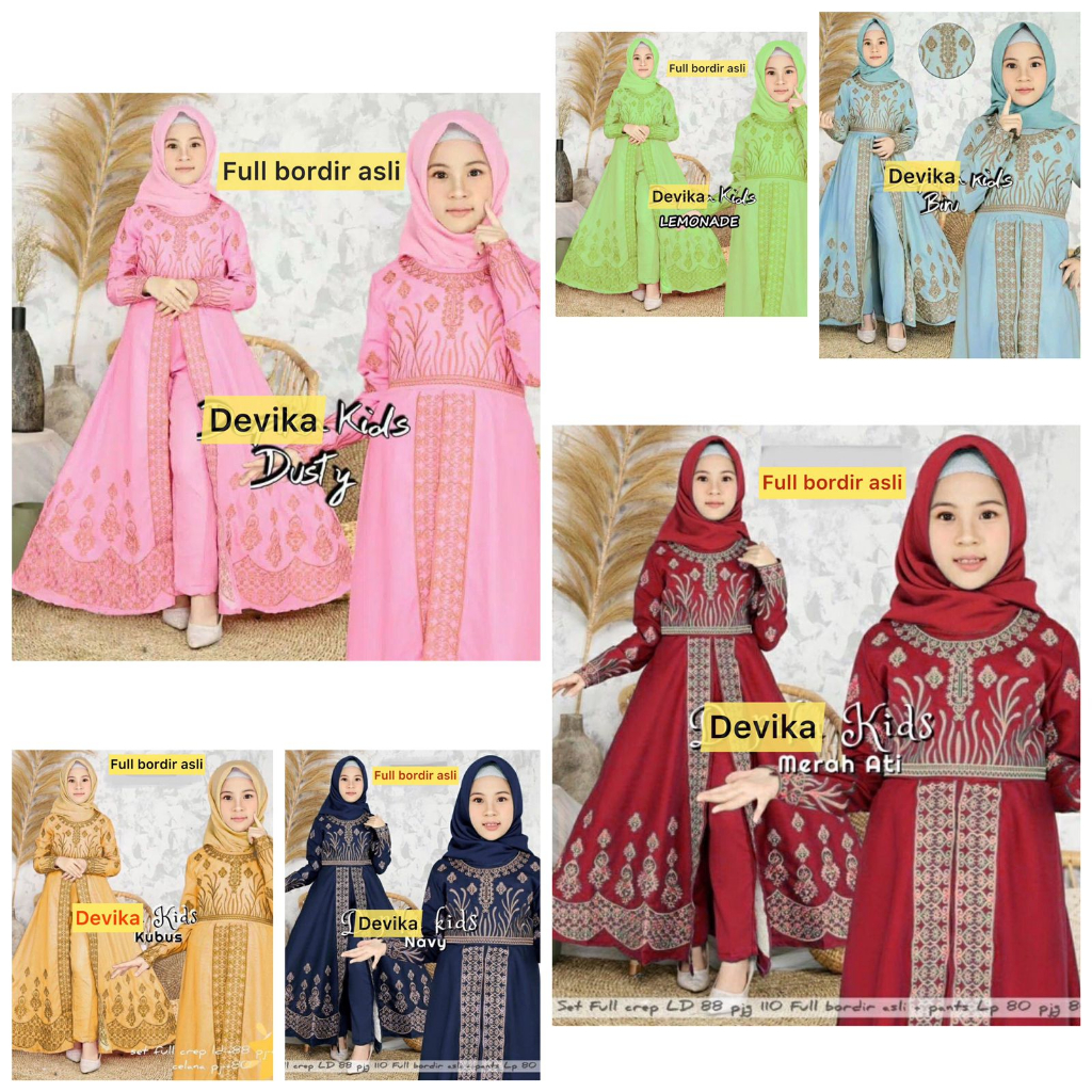 Baju Gamis Anak dan Celana Panjang Bordir Asli Setelan Gamis Muslim Anak Perempuan Gamis Anak 1-10 T