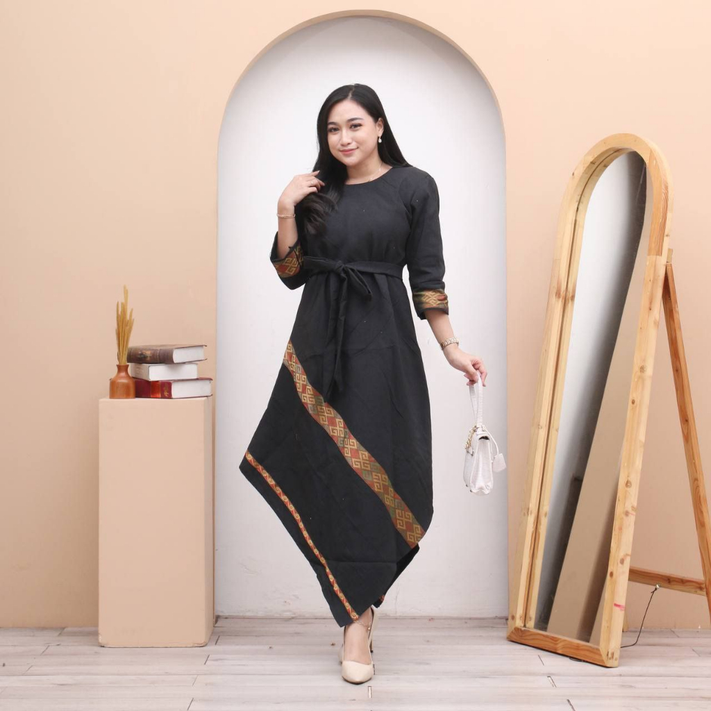 Gamis Polos Kombinasi Batik Trendy Modern Full Tenun