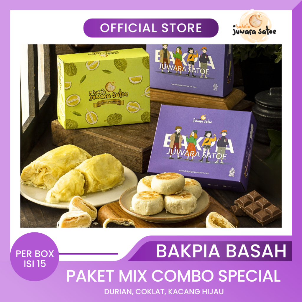 

BAKPIA JUWARA SATOE [ 3 Box ] Paket Mix Combo Bakpia Basah (Durian, Coklat, Original) - Oleh Oleh Khas Jogja