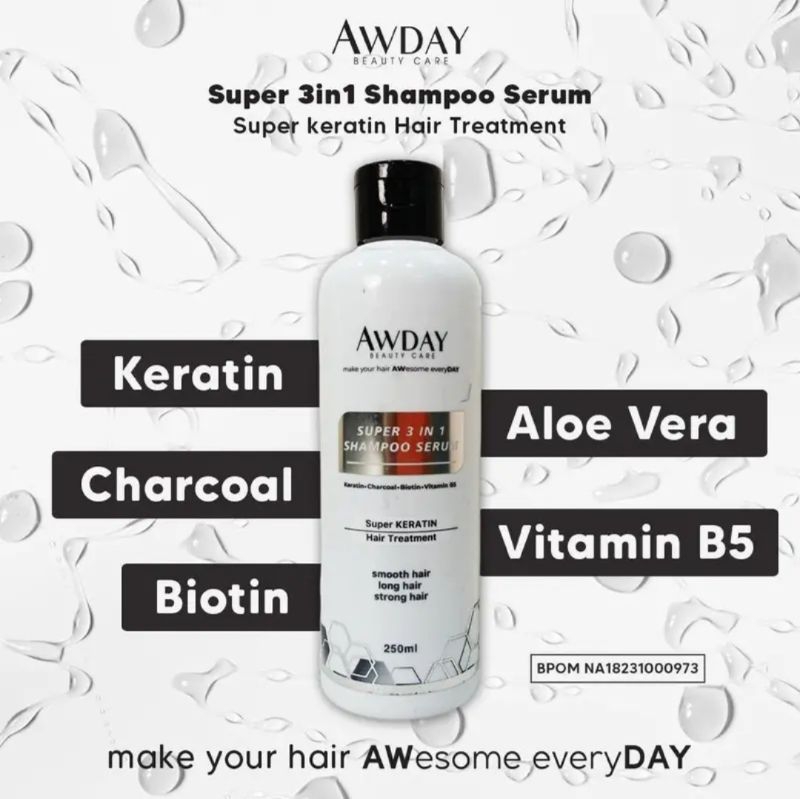 Awday SUPER KERATIN 3in1 Shampoo Serum 250ML shampoo pelurus rambut sampo pelurus rambut shampo awda