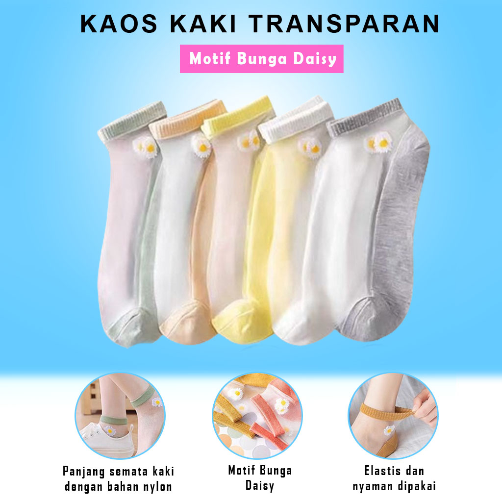 Kaos Kaki Wanita / Kaos Kaki Transparan / Kaos Kaki Bunga / Kaos Kaki Bunga Daisy Korea Impor