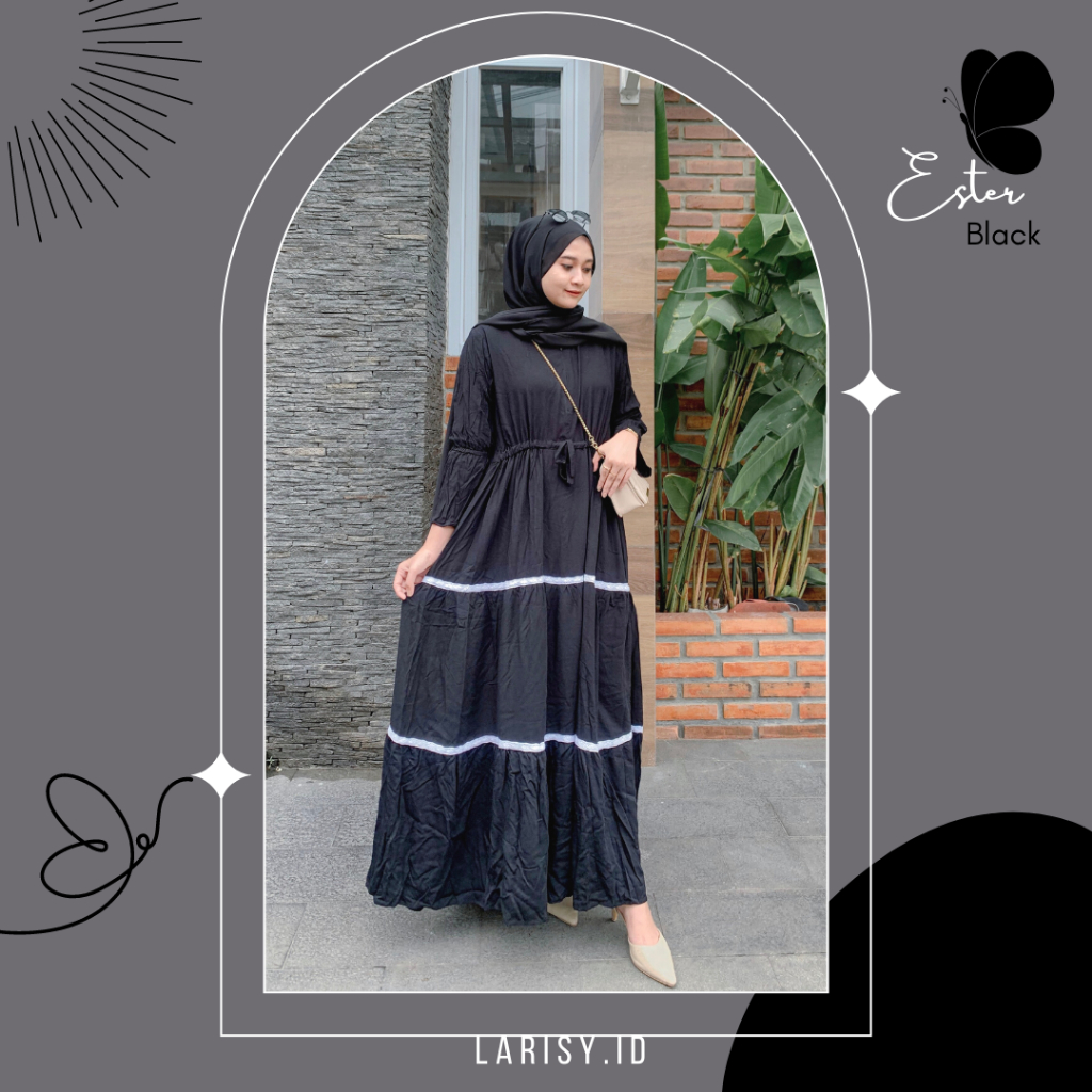 Ester Dress Gamis Muslim Black Renda/ Gamis Renda Modern/ Gamis Menyusui