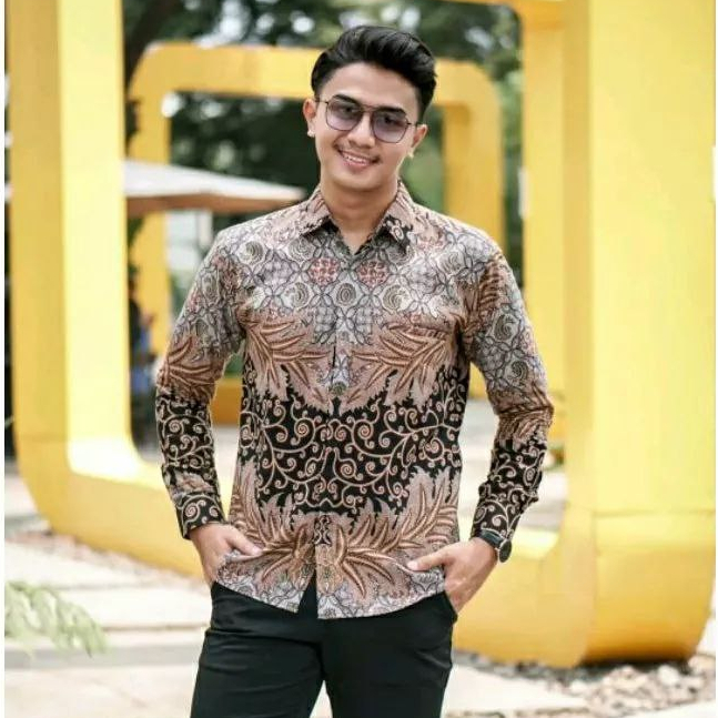 Batik pria coklat kemeja cowok lengan panjang m l xl xxl terlaris premium modern quality warna mocca