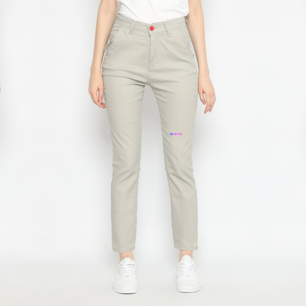 Nuber Straight High Waist Chinos Celana Panjang Wanita Katun Premium Hitam Sand Putih Plumeria