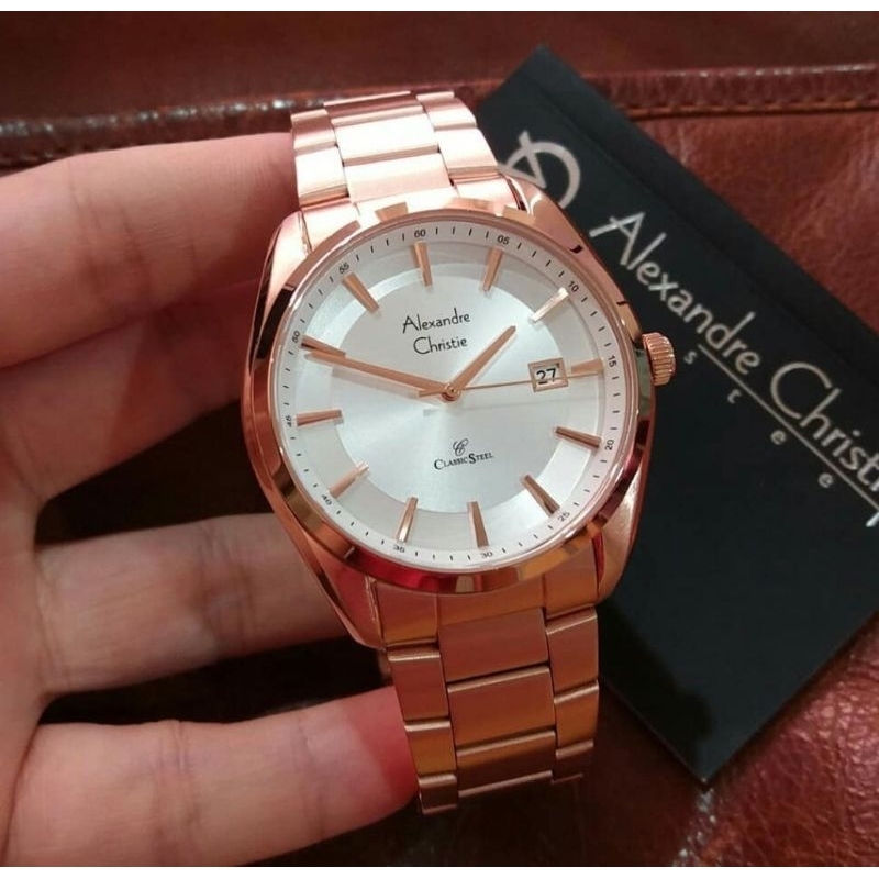 Jam Tangan Pria Original Alexandre Christie AC8648MD Rosegold