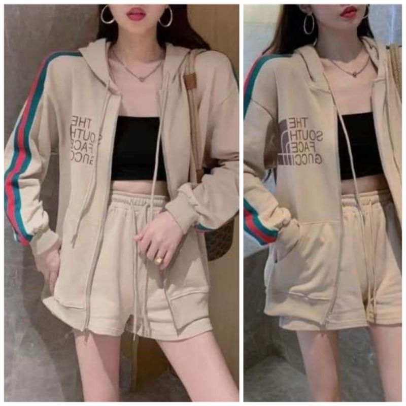 One set top hoodie hotpant baju stelan wanita sporty style korea fashion murah import bkk bangkok