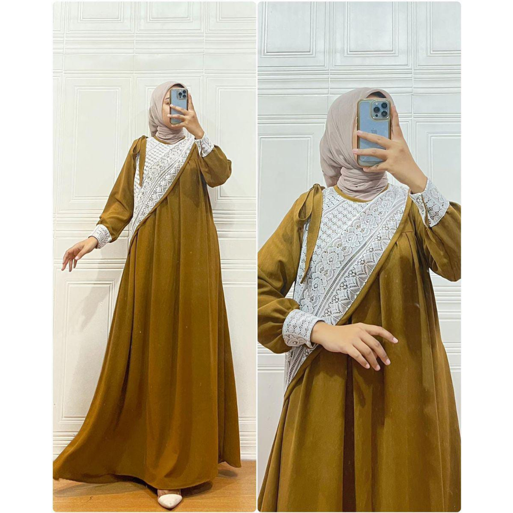 RENATA DRESS gamis crinkle airflow mix brokat polos gamis kondangan