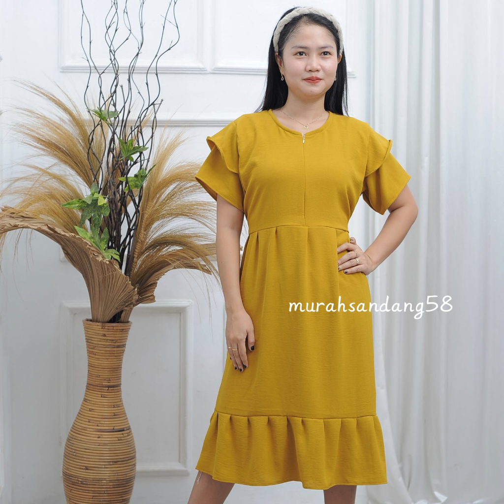 Daster crinkle polos lengan tumpuk busui friendly bawah rempel tali samping