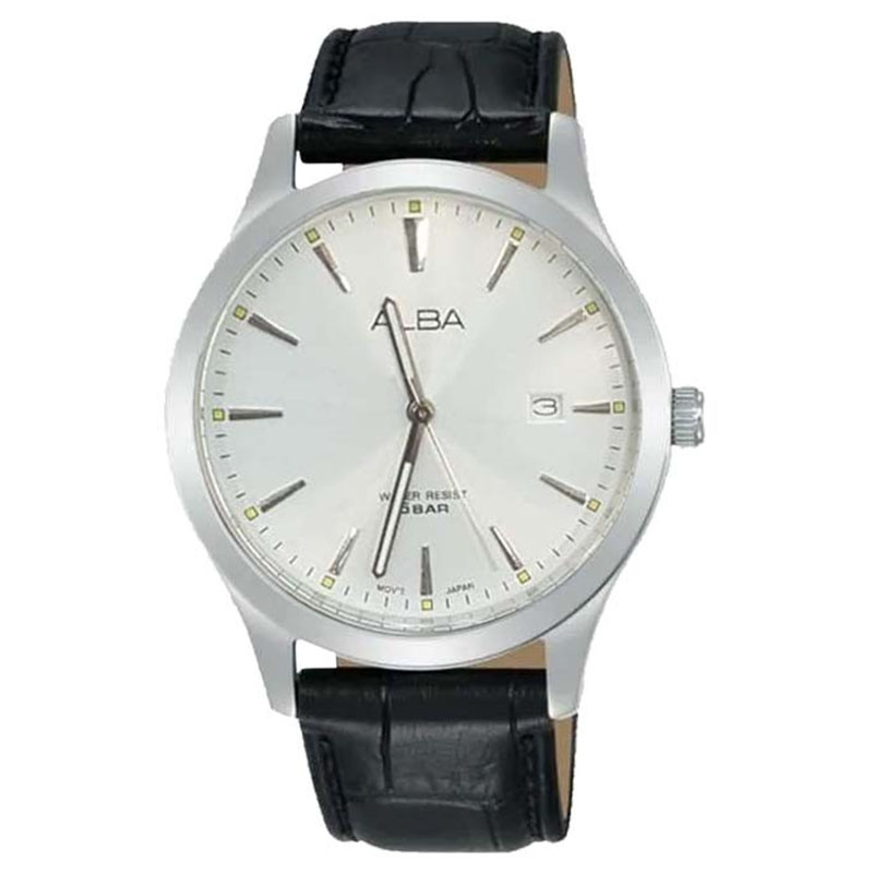 Jam Tangan Alba AS9R03 Pria Silver Dial Black Strap Original