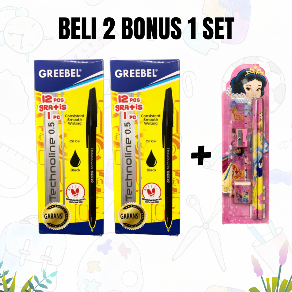 

BALL PEN GREEBEL TECHNOLINE 0,5 ( 2 PACK) BONUS 1 SET ALAT TULIS PRINCESS