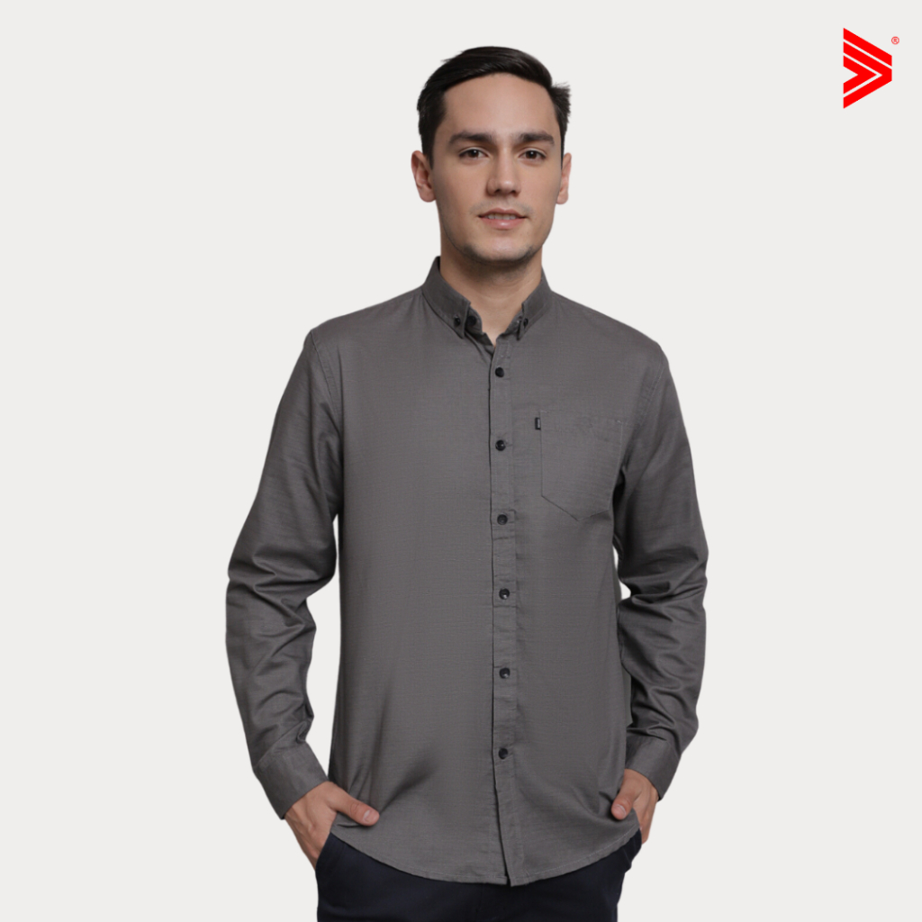 Tiagan99 Kemeja Pria Basic Polos Lengan Panjang Charcoal Katun