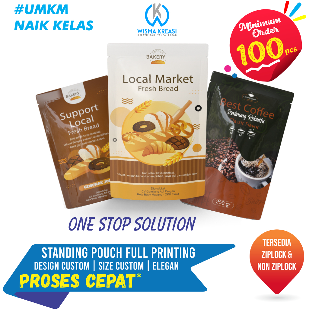 Cetak Standing Pouch Full Printing Bahan Paper Foil Metalize Ukuran Custom + Ziplock/Klip