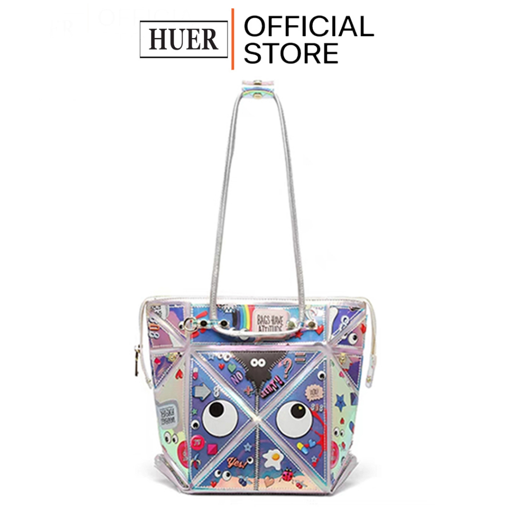 HUER ~ Tas Wanita Camille Eye Theme Printed Geometric Panelled Hologram Tote Bag 9454-187Hologram
