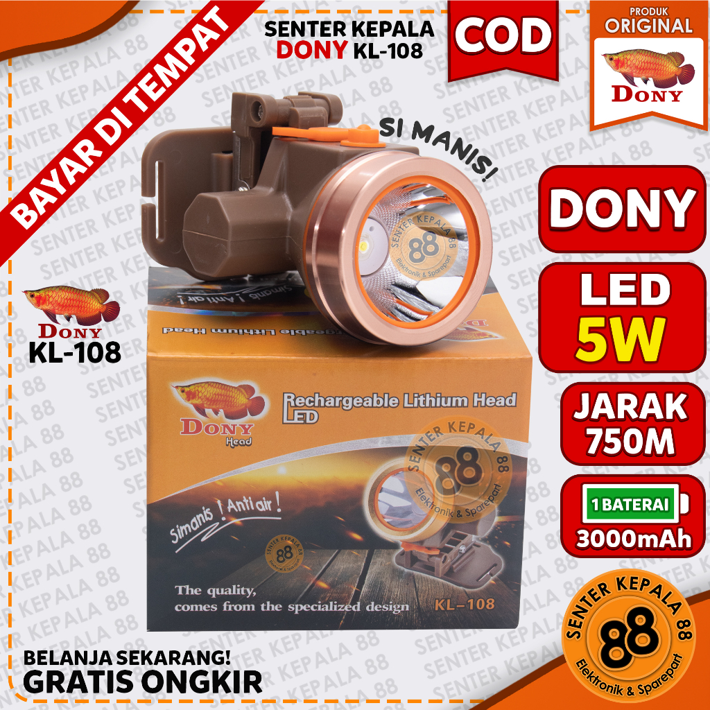 DONY Senter kepala Cas DONY KL 108 Si Manis Anti air 5 WATT 5W LED MURAH Water Proof Tahan Air