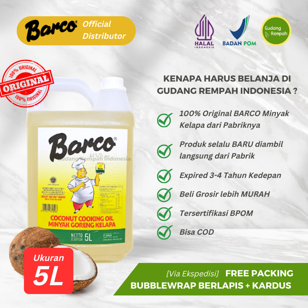 

[PROMO 3.3] NEW Barco 5 Liter Expire 2027 - Minyak Kelapa Goreng/ Sehat Anti Kolesterol/ Minyak Kelapa Goreng