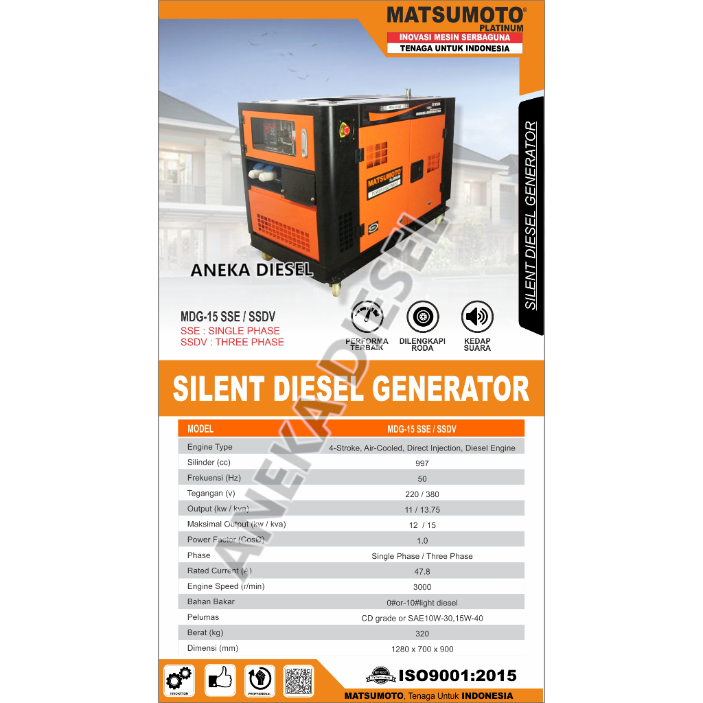 Genset Solar Disel Engine 12000Watt MATSUMOTO MDG 15 SSE / MDG 15 SSDV Generator Diesel Silent 12000