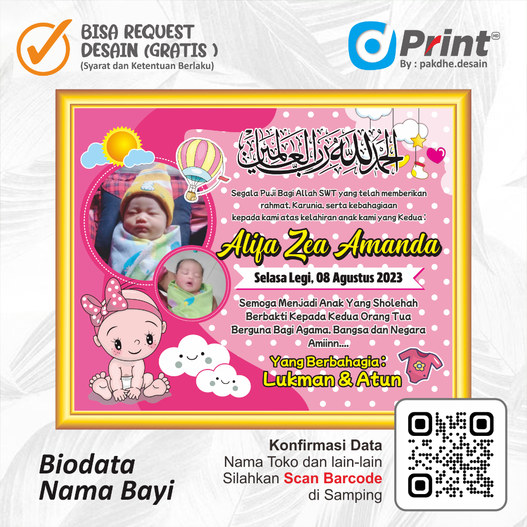 Cetak Biodata Nama Bayi / Banner Biodata Nama Bayi / Banner Aqiqah / Backdrop Aqiqah