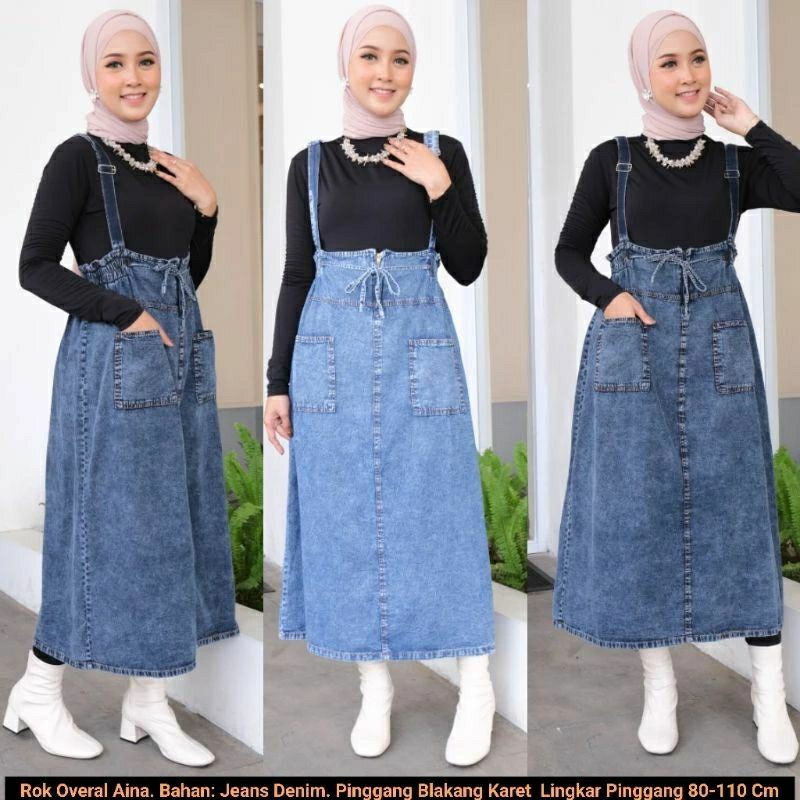 Rok overall aina. Overall rok jeans wanita.