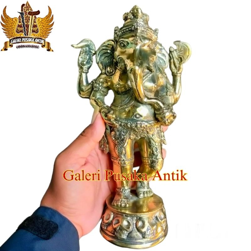 Patung Dewa Ganesha Ganesa Dewa Gajah Model Berdiri Warna Emas Klasik Bahan Kuningan Garap Alusan