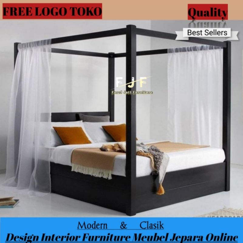 Tempat Tidur Kelambu Minimalis Jati Ranjang Dipan Kanopi Tirai