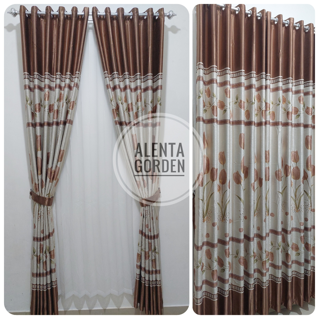 Gorden Jendela Pintu Blackout Import Motif Bunga Model Smokring 6 gelombang Panjang 200cm 250cm