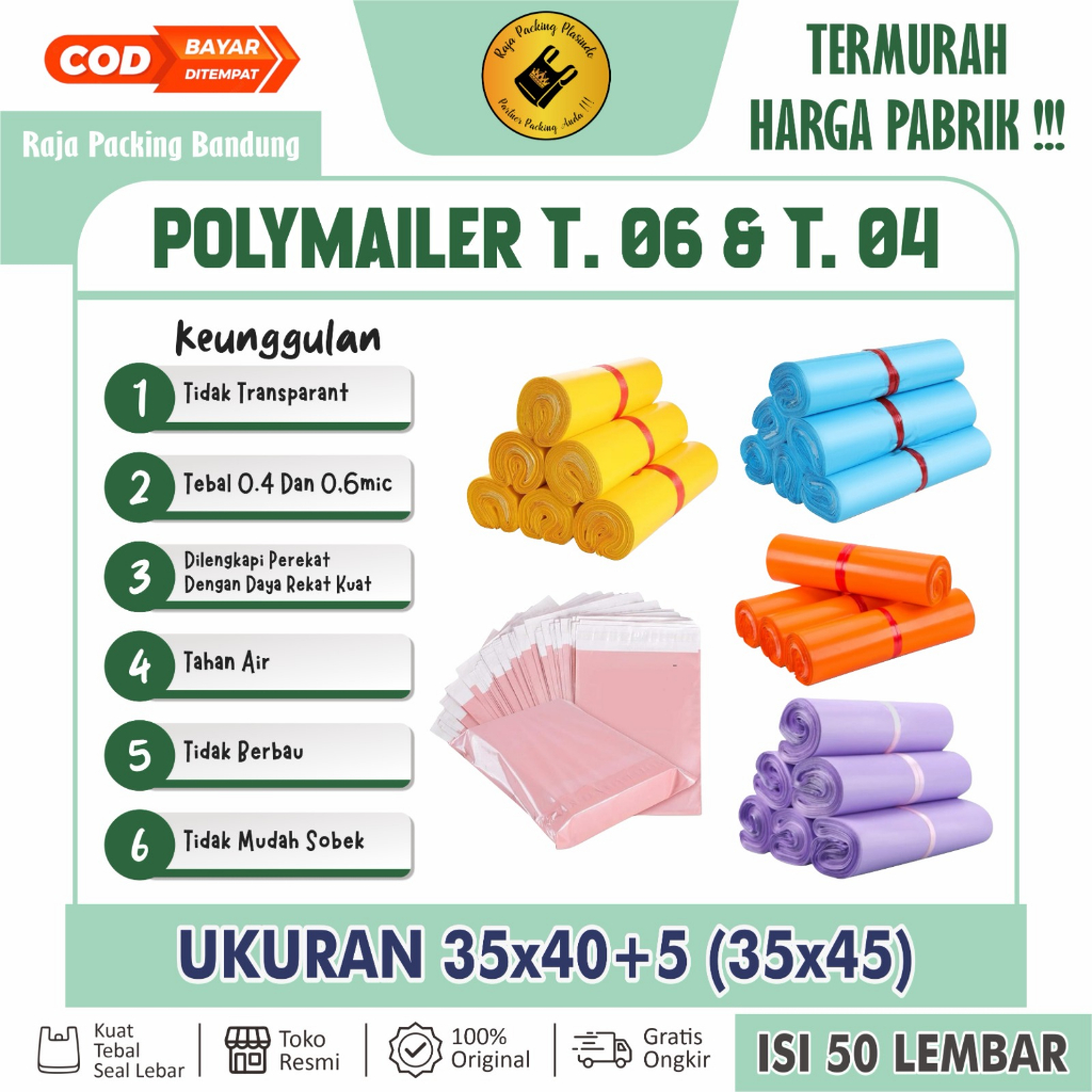<isi 50> Polymailer Plastik Packing Uk 35x45 Tebal 0,4 dan 0,6 Plastik Olshop Plastik Perekat Plasti