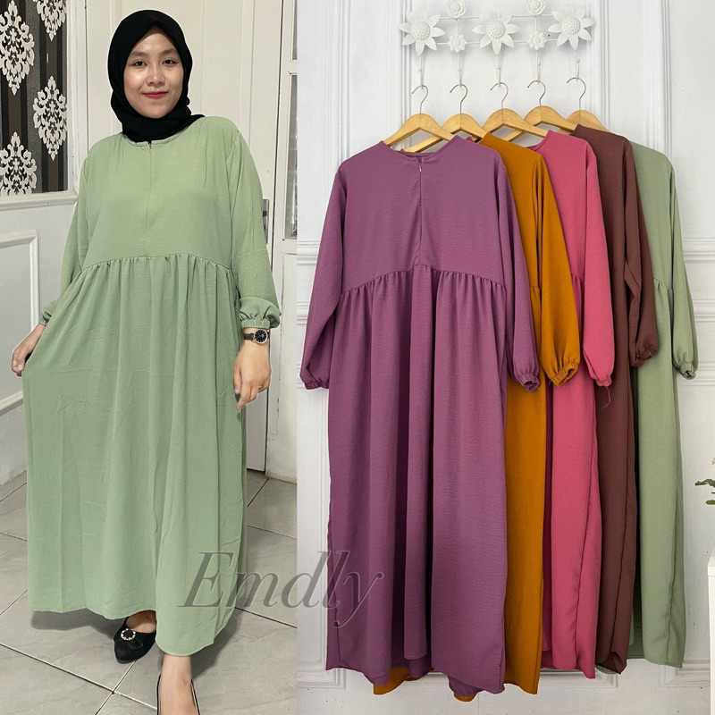 Midi Dress Azalea Crinkle Airflow Polos Busui Friendly Lengan Karet