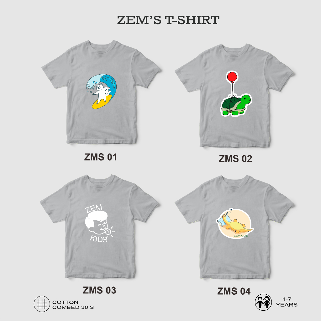 ZEM'S kaos anak Unisex usia 1-7 tahun combed 30s