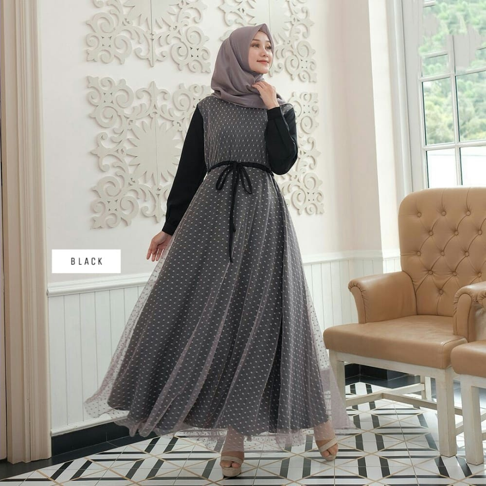 Gamis Wanita Terbaru Naila Dress Bahan Kain Moscrepe Mix Tille Dot Polka  Size M L XL Dress Tile Pol