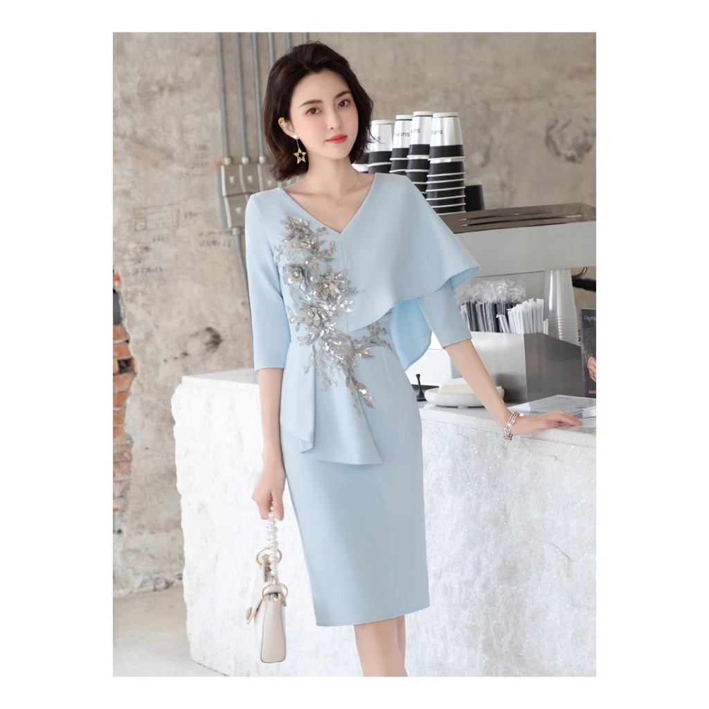 Gaun Pesta 2308019 Biru Muda Maroon Lengan Siku Party Dress