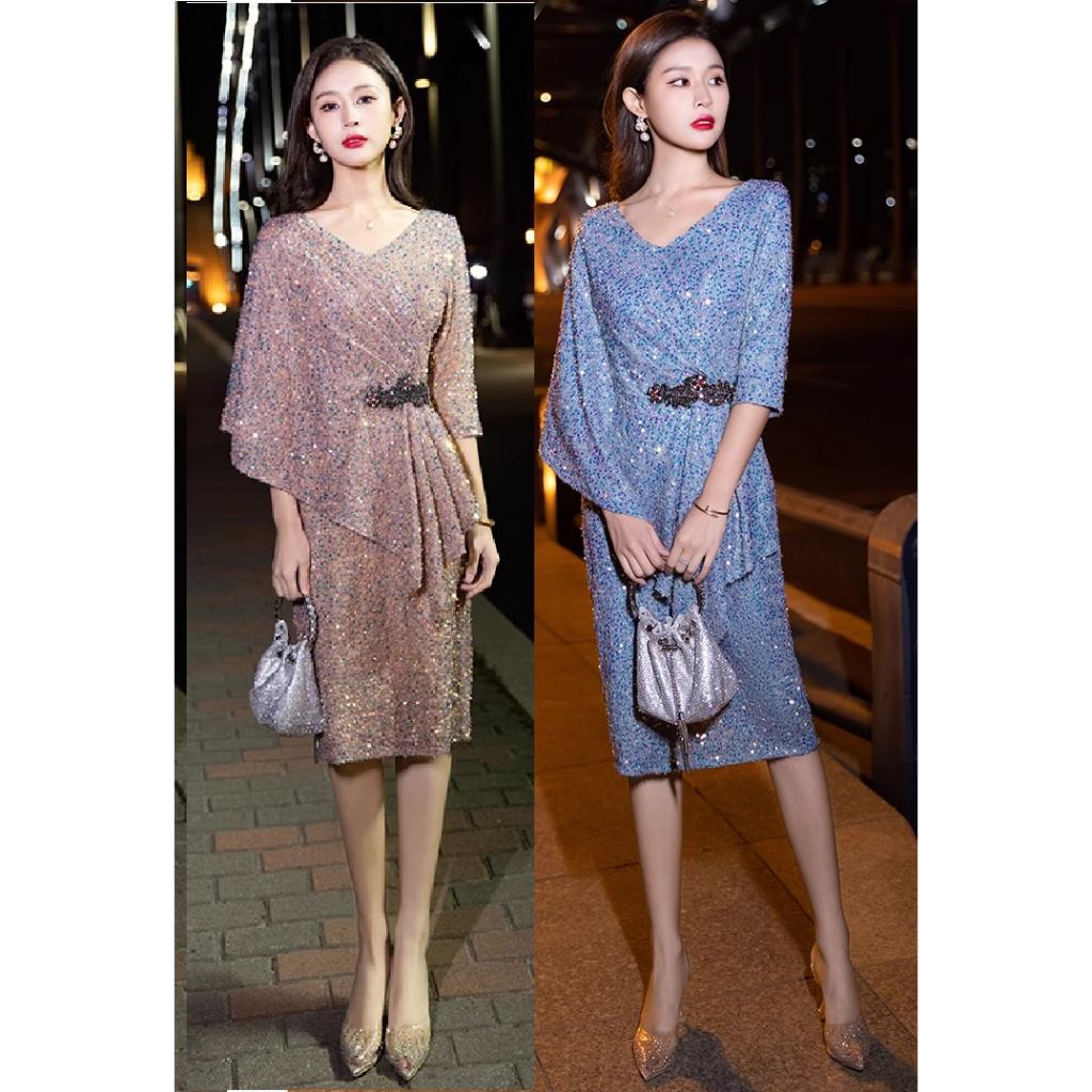 Gaun Pesta 2308020 Biru Muda Khaki Lengan Siku Party Dress