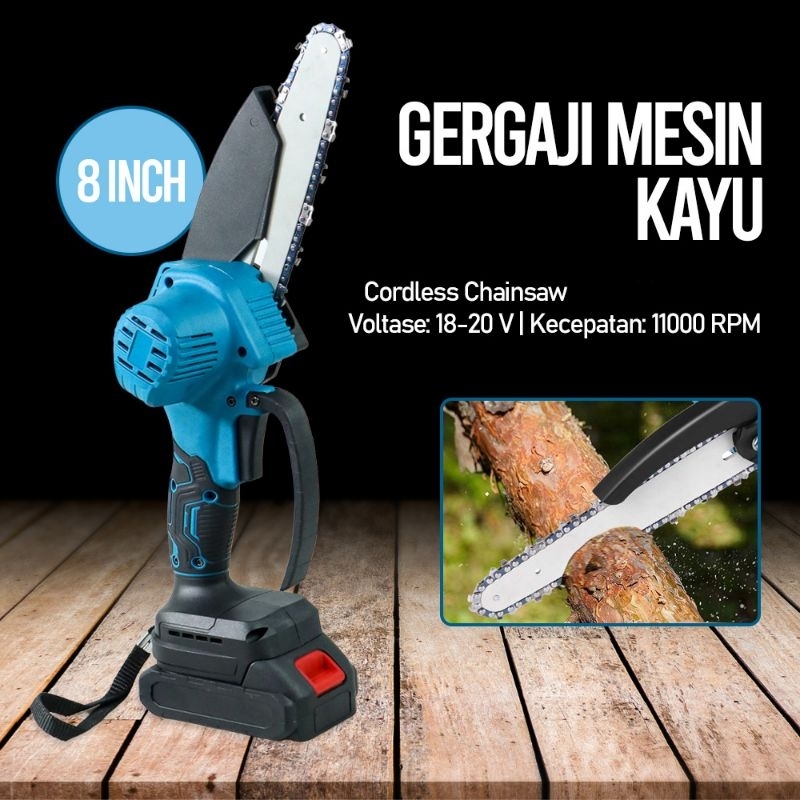 Gergaji Mesin Kayu Cordless, Chainsaw, Gergaji Brushless Mesin kuat 8 inch. Gergaji Portabel