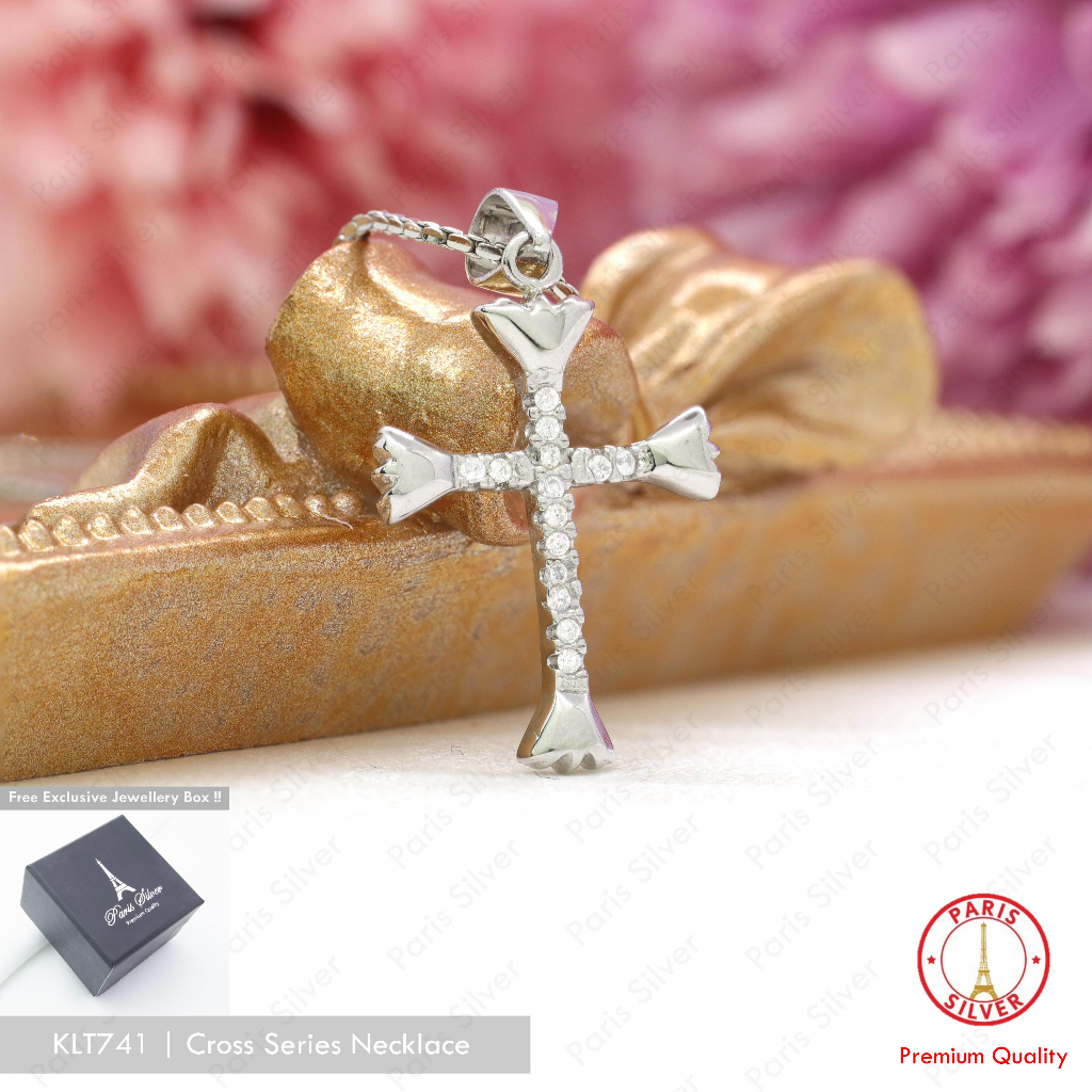 Kalung Salib Perak Asli Permata Silver 925 Lapis Emas Putih Wanita Cewek Bandul Salip