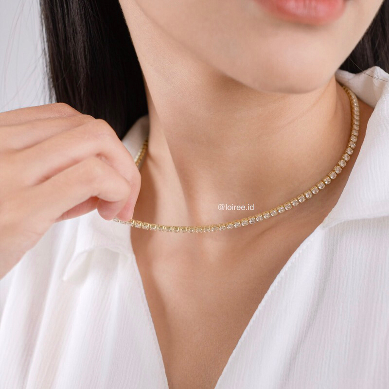 ANGELINE Tennis Necklace - Gold Plated Zirconia Tennis 3mm Bridal Necklace - Kalung Wanita