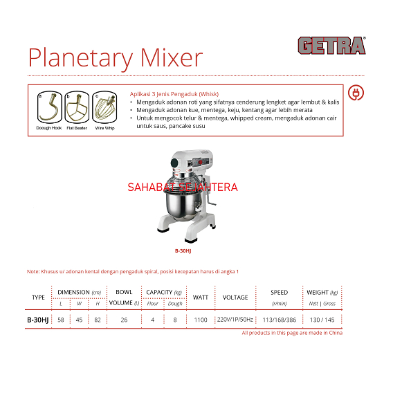 GETRA Planetary Mixer B-30HJ Mesin Pengaduk Adonan