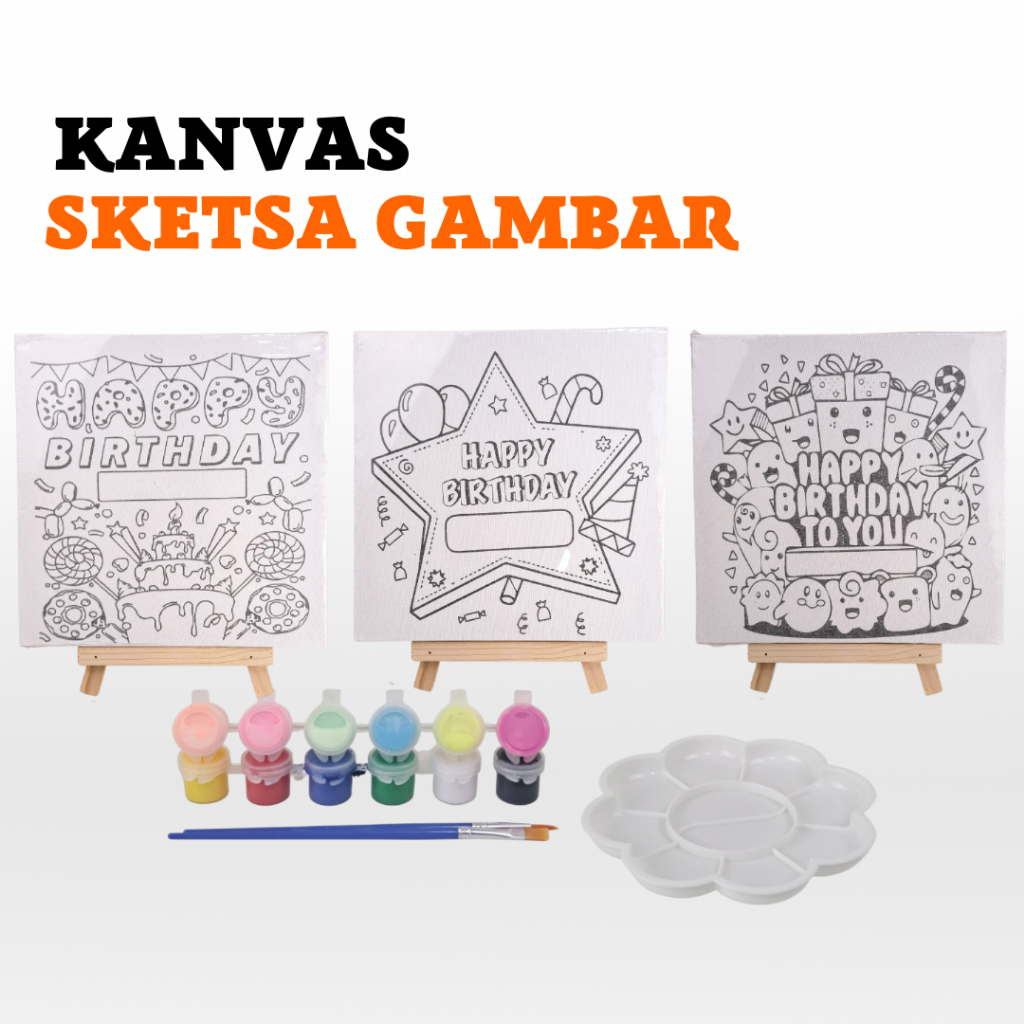 

Painting Kit Paket Lukis Canvas Sketsa Happy Birthday 20x20cm Kanvas Melukis Anak Mewarnai Paint By Number