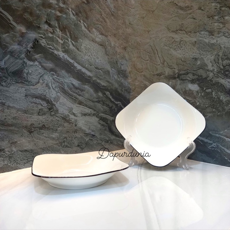 Piring keramik taniti segi 4 polos / segi emboss lis hitam