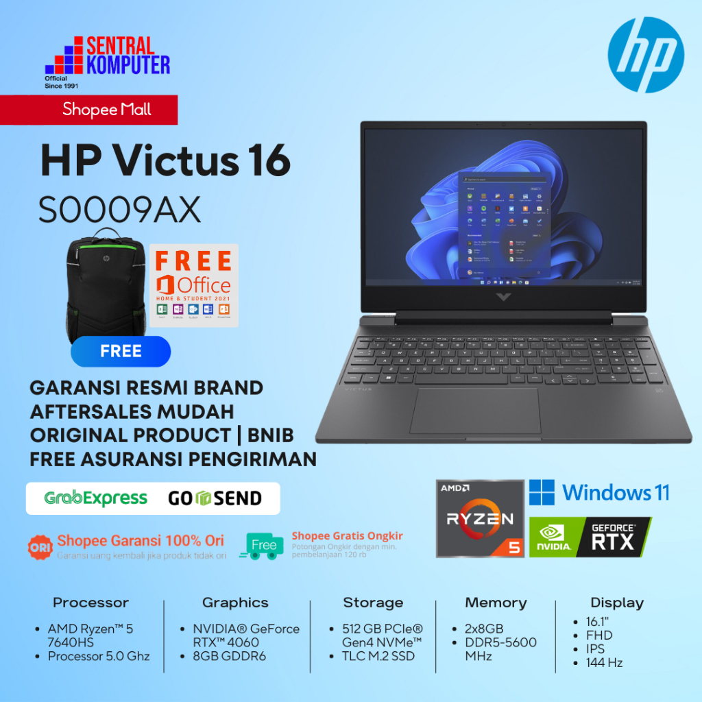 HP VICTUS 16-S0009AX RYZEN 5-7640HS RTX4060/16GB/512GB/16.1"/Win11+OHS