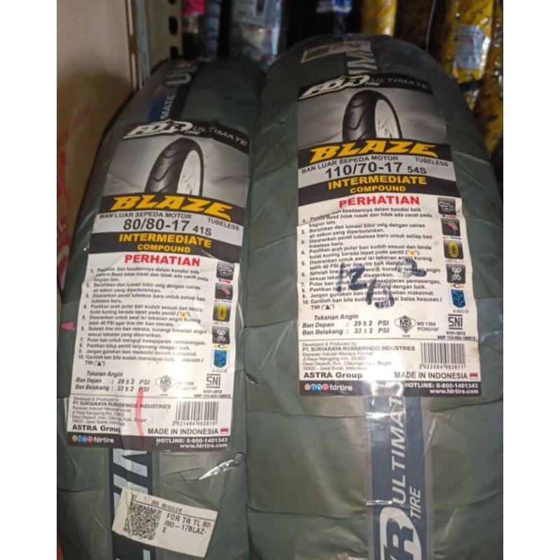 PAKET BAN LUAR MOTOR MERK FDR UKURAN 80/80-17 & 110/70-17 BLAZE TUBELESS RING 17