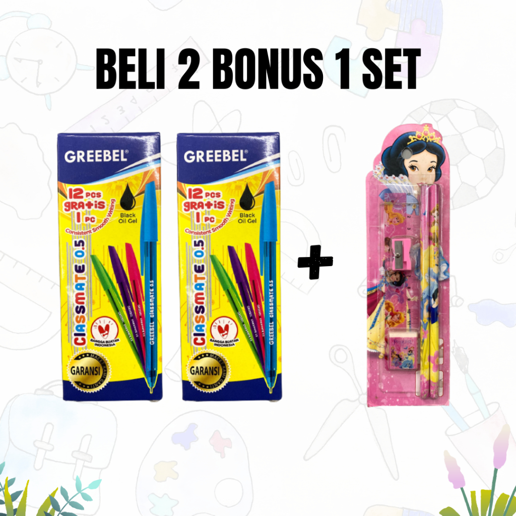 

Ball pen GREEBEL Classmate 0,5 black(2 PACK) BONUS 1 SET ALAT TULIS PRINCESS