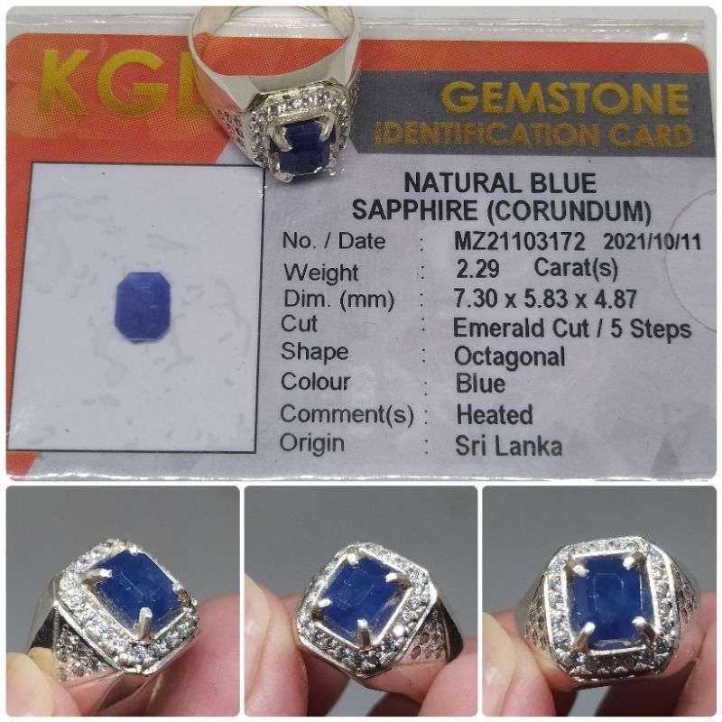 Natural Blue sapphire Ceylon 2,2 ct safir Srilanka memo KGL Ring Perak