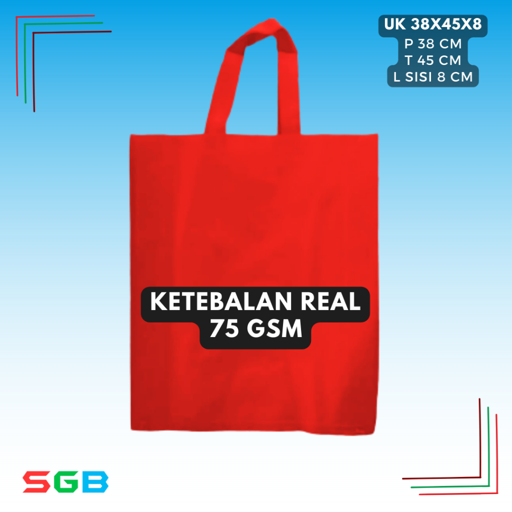 

Tas Spunbond model Handle ( HLS ) uk 38x45x8 harga PER LUSIN / goodie bag 75 gsm / tas kain polos