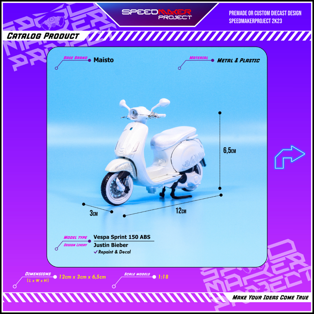 Maisto Fabbri Custom Vespa Sprint 150 ABS Justin Bieber Diecast Miniatur Motor Scooter Bike 1:18