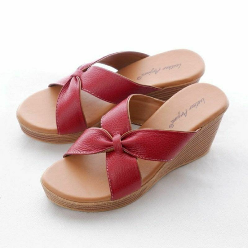 Sandal Kulit Wanita Wedges Selop Tinggi 7cm Kondangan Pesta Srikandi